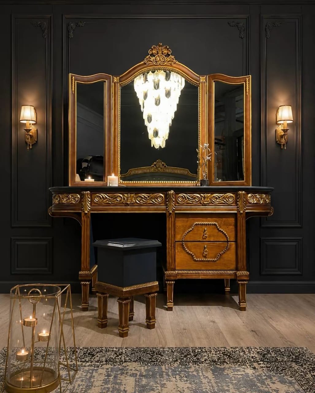 Carved dressing table with a mirror